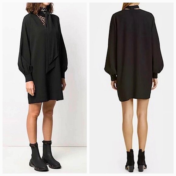 New Ganni Scarf Collar Crepe Dress in Black Size 4 - Picture 3 of 13